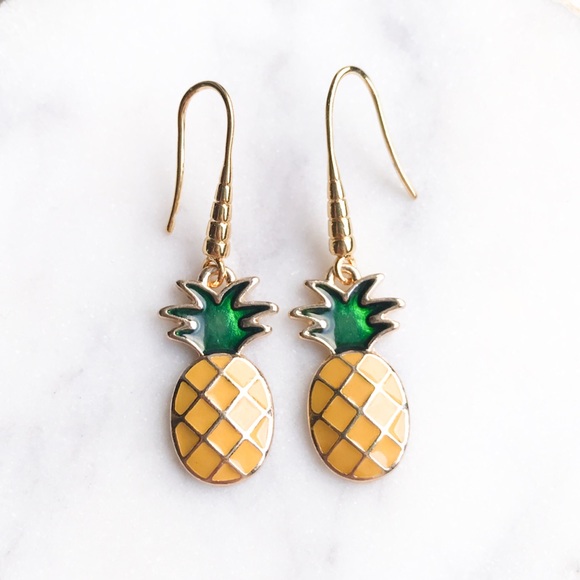 Jewelry - Pineapple Enamel Earrings Dangle Drop Gold Green